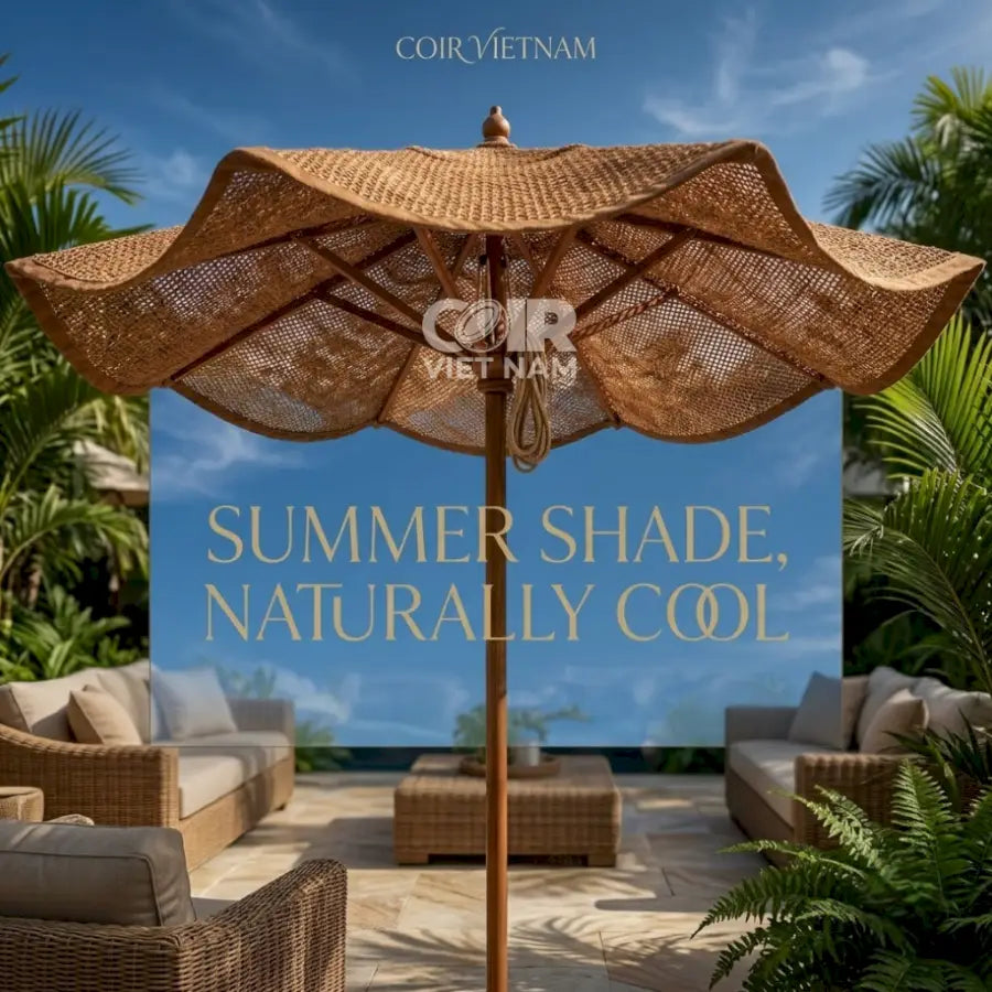 Coconut fiber patio umbrella creating breathable natural summer shade in a tropical outdoor lounge