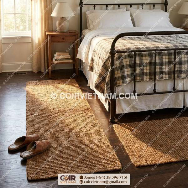 Coir runner rug beside bed for natural coir bed rug bedroom styling