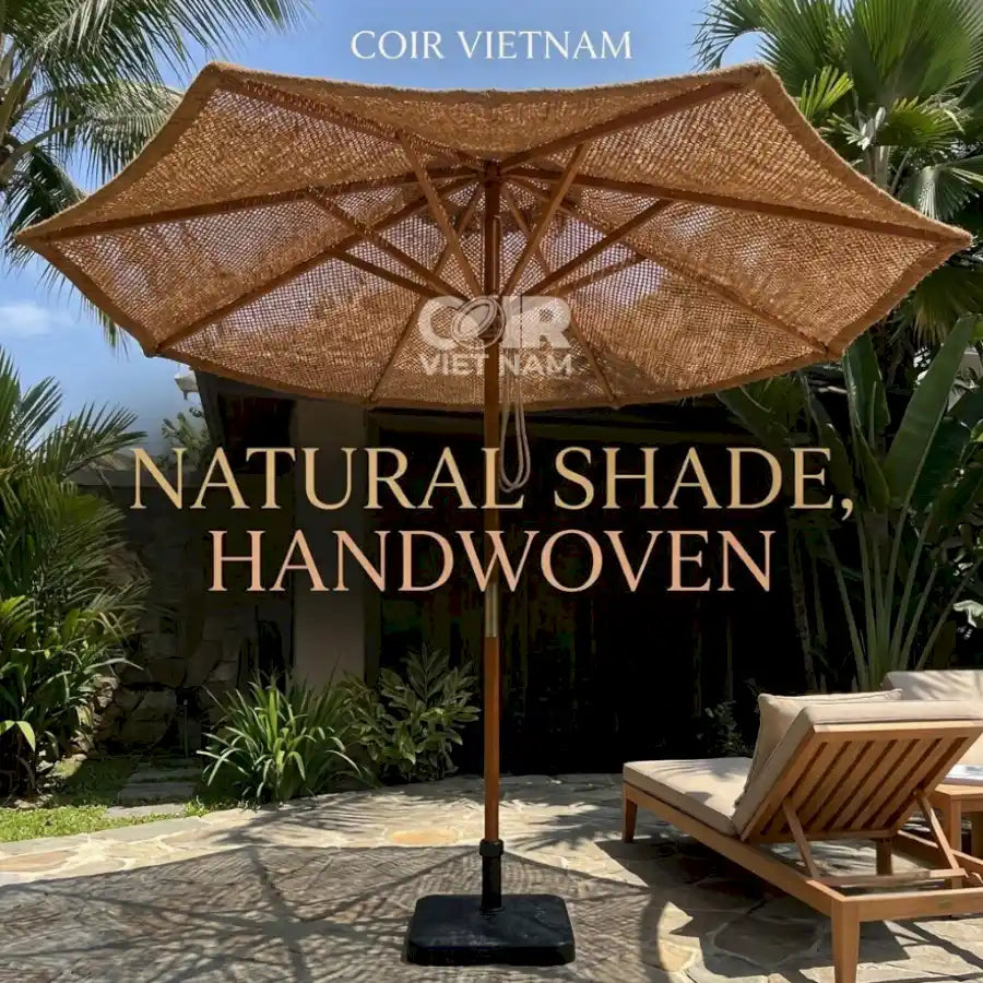 Handwoven coir parasol made from natural coconut fiber as a sustainable alternative to synthetic patio umbrellas