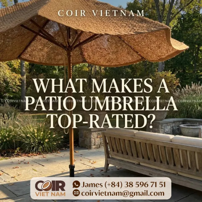 Best rated patio umbrella with natural coconut coir canopy and wooden frame for premium outdoor shade