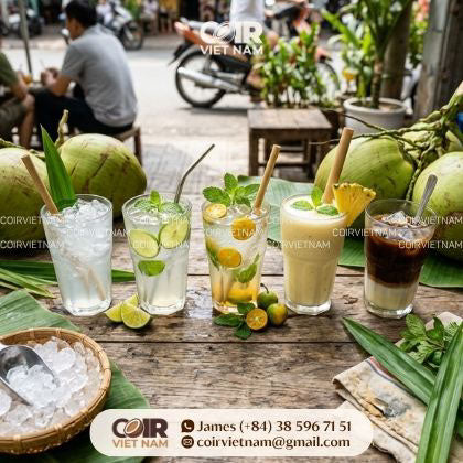 Vietnamese coconut drink recipes with lime, kumquat, pineapple smoothie and coconut coffee